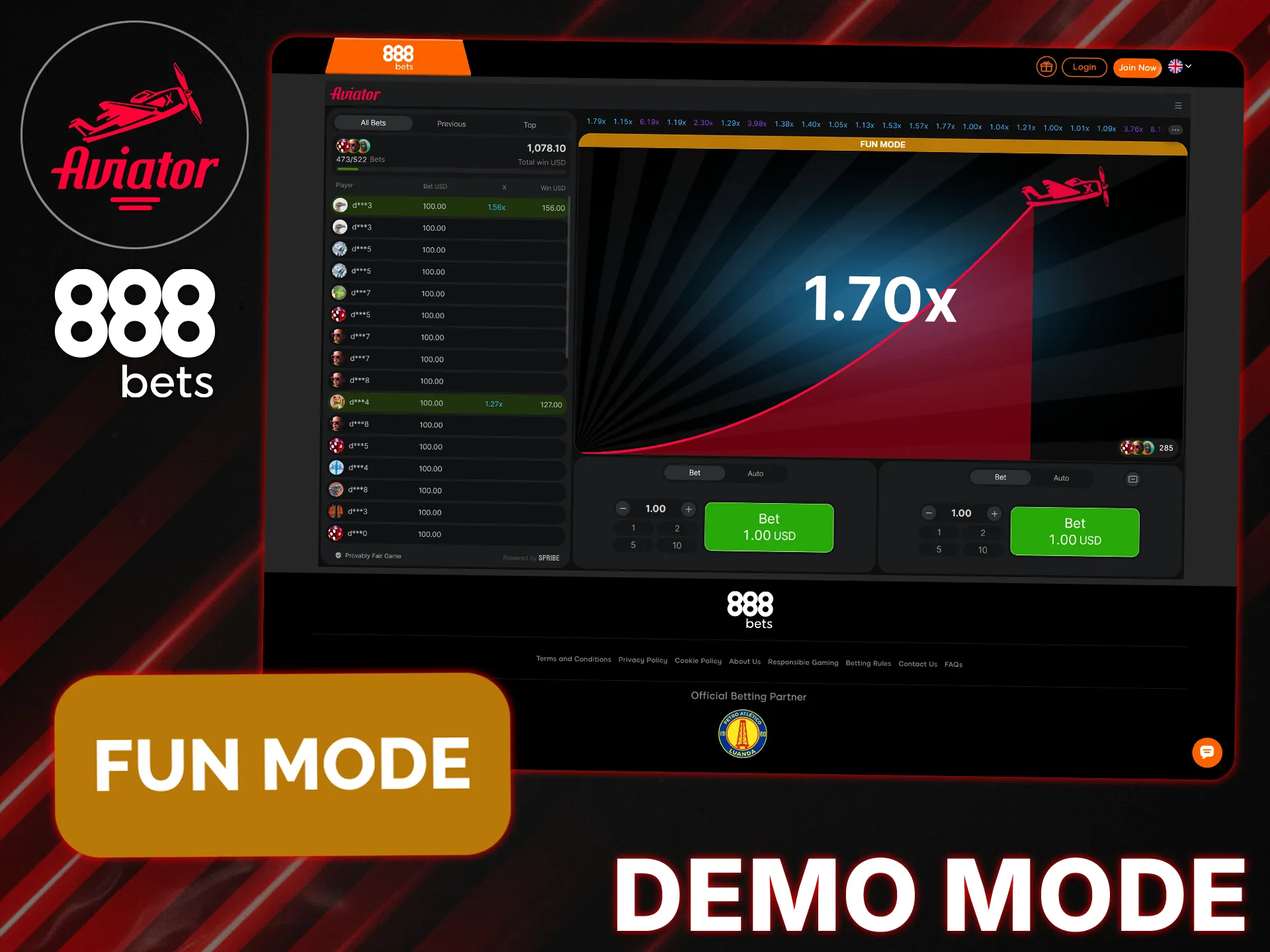 Try Aviator risk-free in demo mode at 888bets.