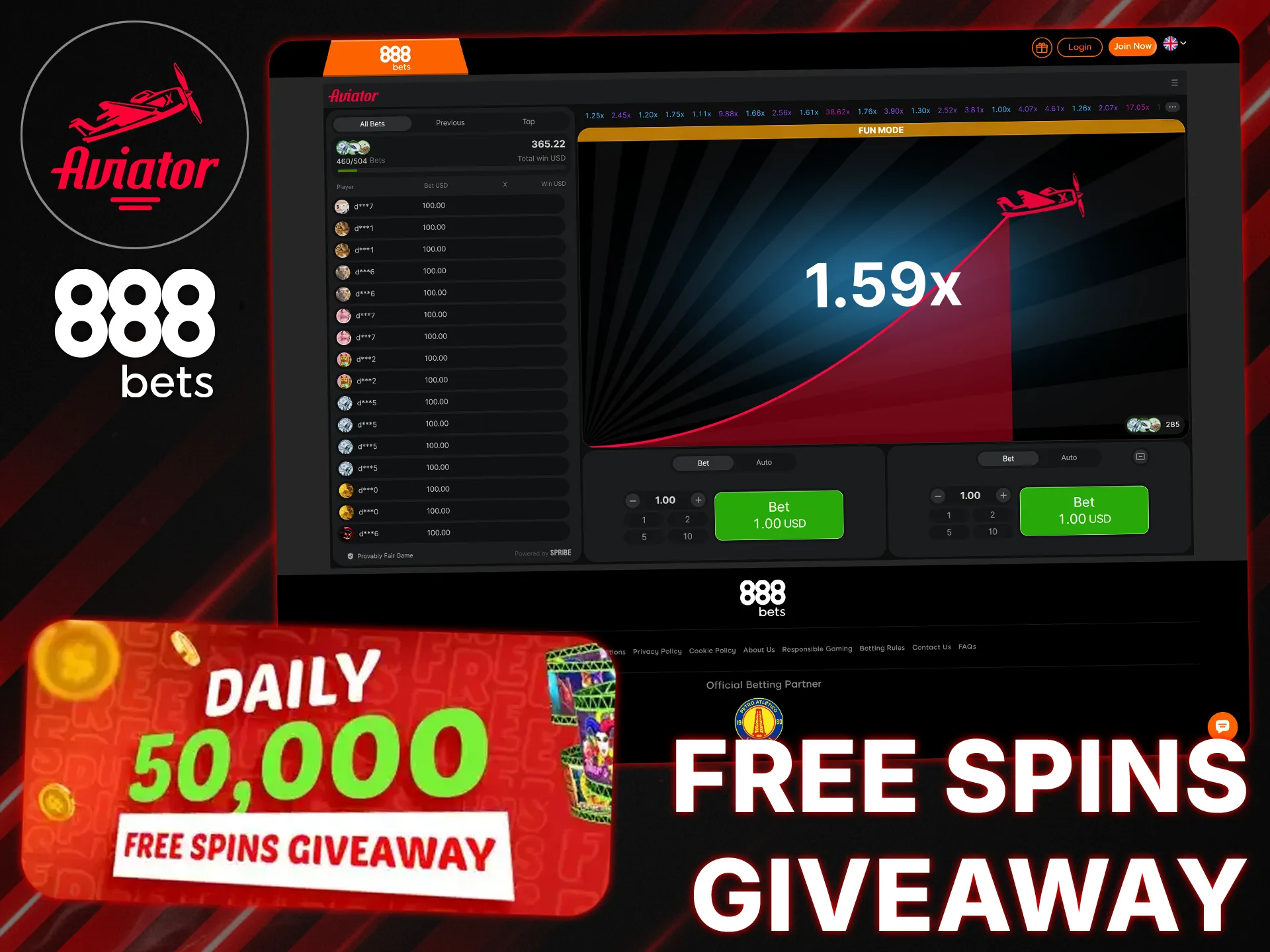 Get free bets randomly when playing Aviator at 888bets.