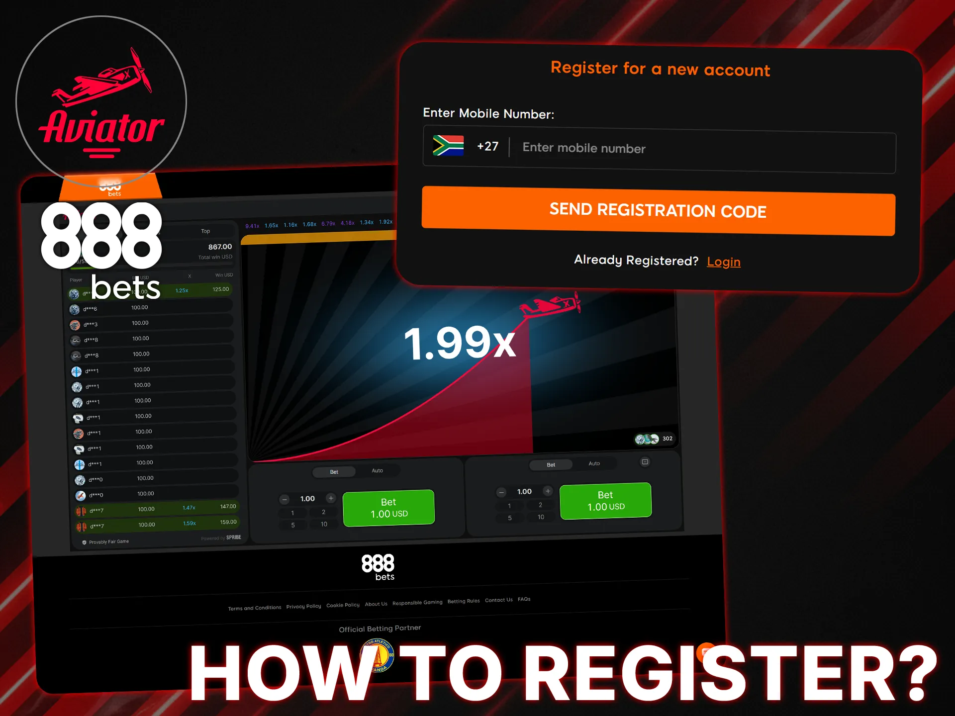 Register with 888bets using your phone number and start playing Aviator.