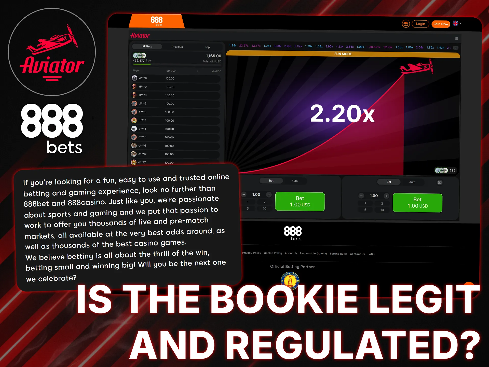 888bets is a legal and secure casino for playing Aviator.