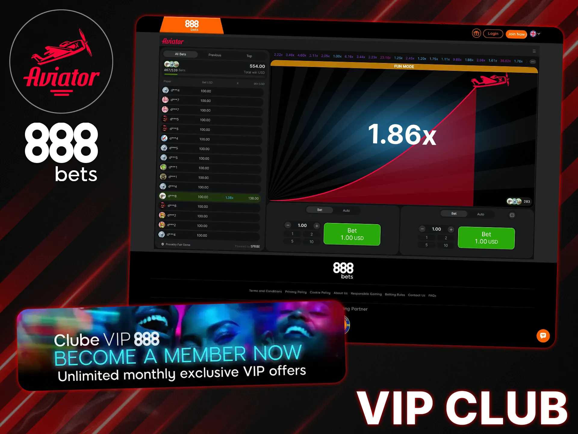 Get cashback, free bets, and other VIP club benefits from 888bets for playing Aviator.