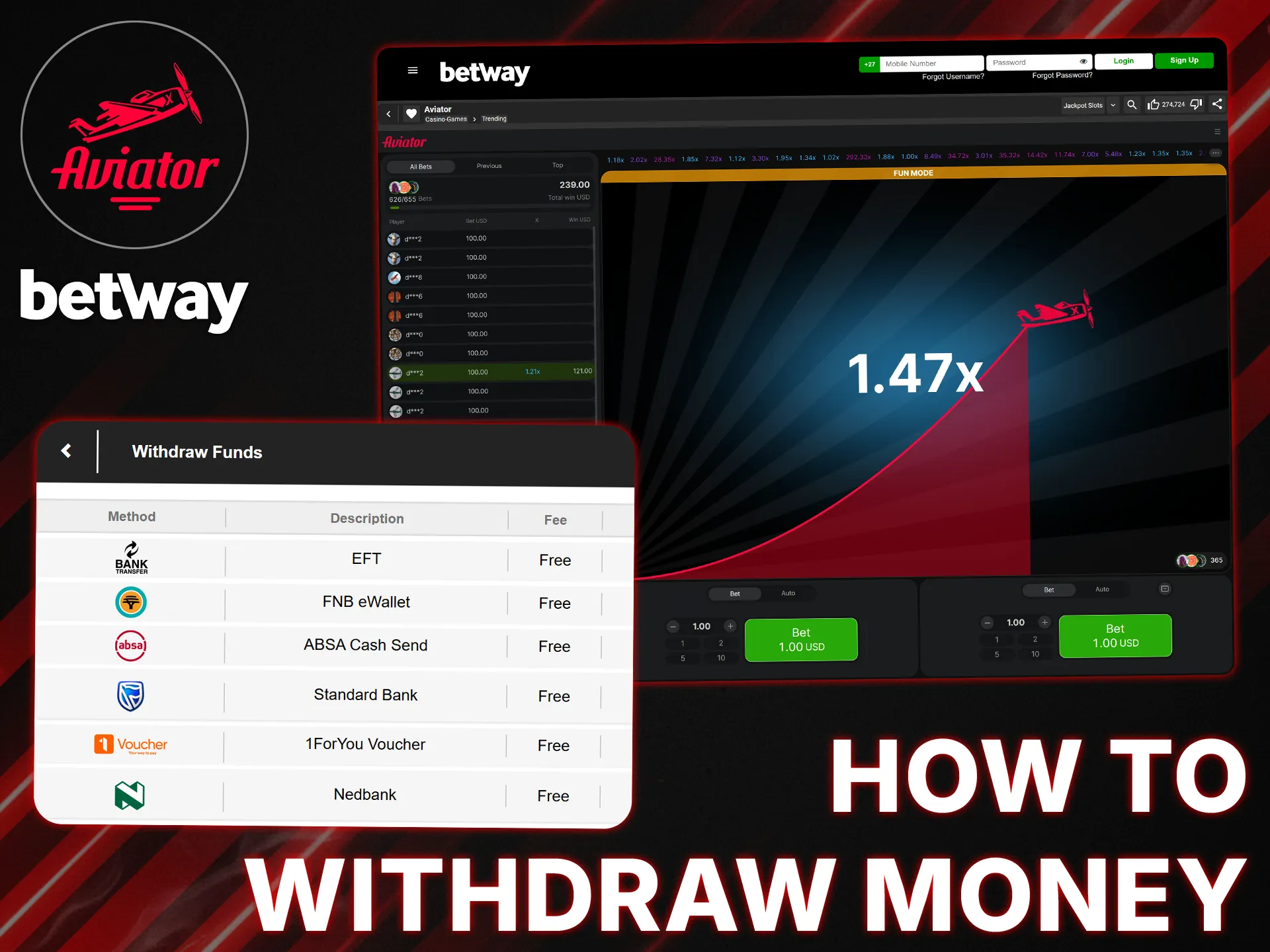 To withdraw your Aviator winnings via the Betway Cashier, select a payment method and enter your details.