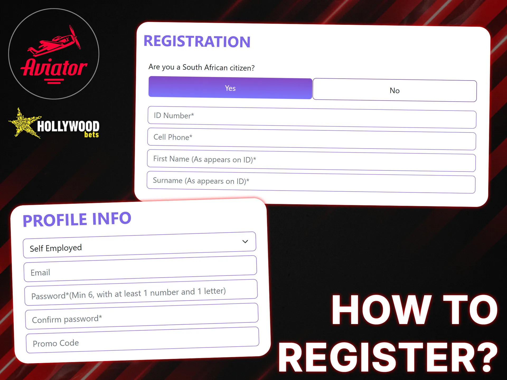 Fill in your details to register with Hollywoodbets and start playing Aviator.