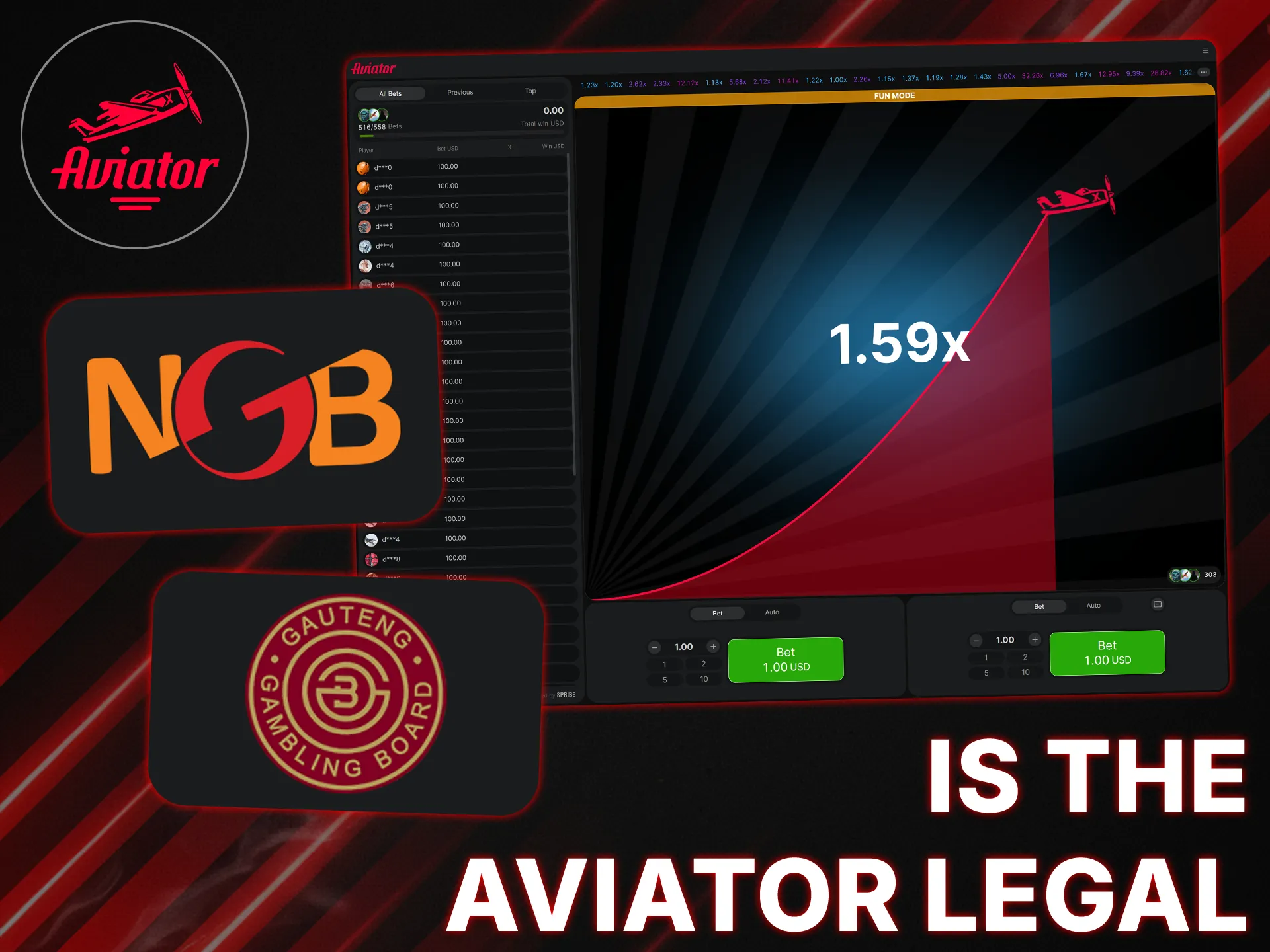 Aviator is legal in South Africa in casinos that are licensed by a Provincial Gambling Board and NGB.
