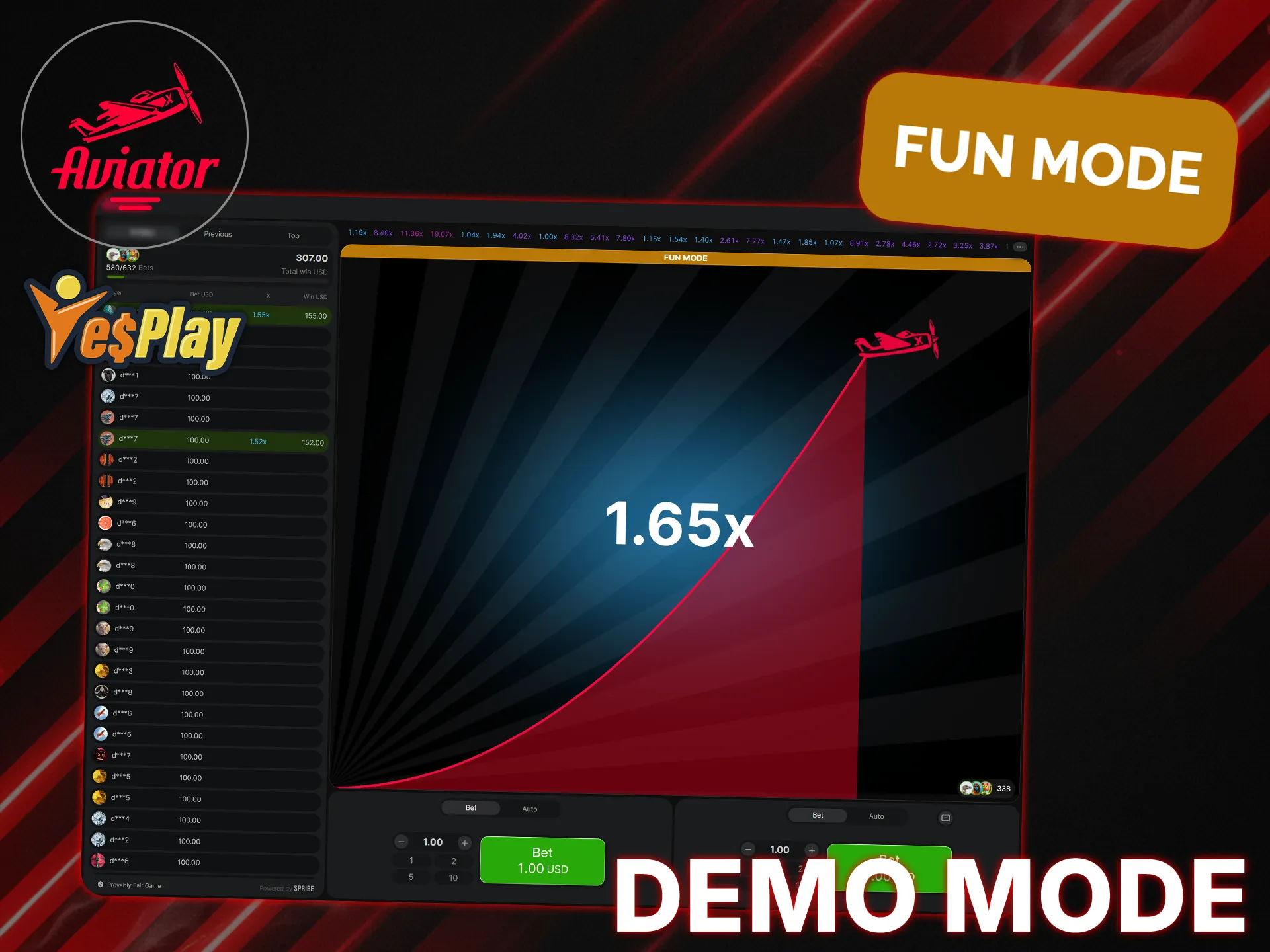 YesPlay offers the opportunity to try Aviator in demo mode for practice without the risk of losing money.